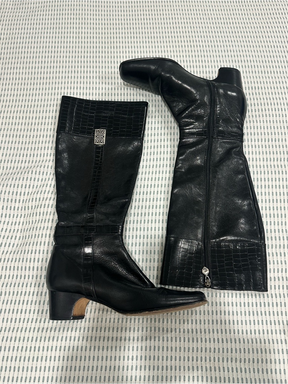 Brighton Black Leather Mid-Calf Boots with Croc-Trim